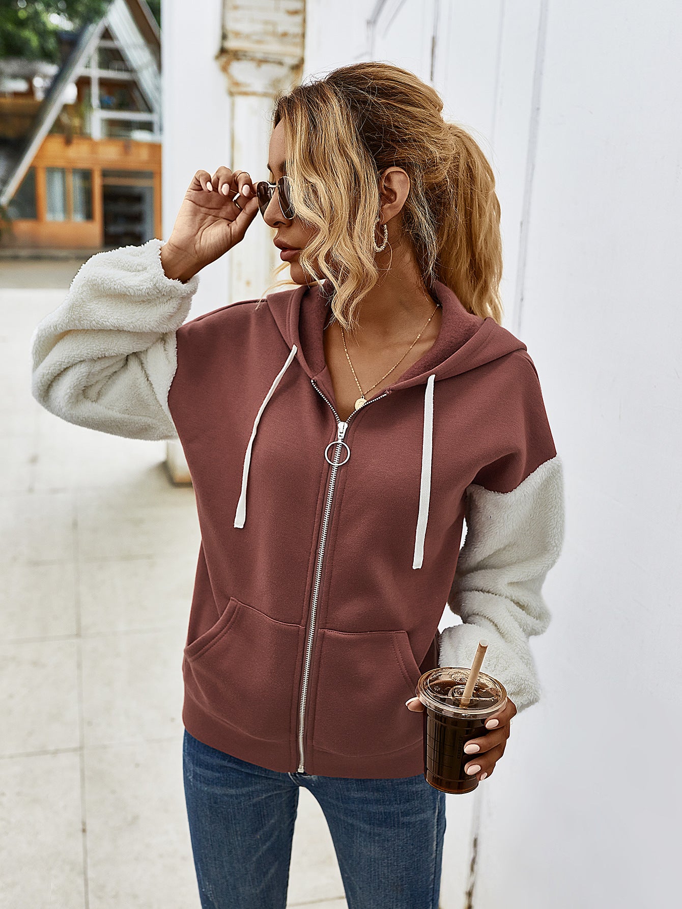 Contrast Teddy-Sleeve Zip-Up Hoodie
