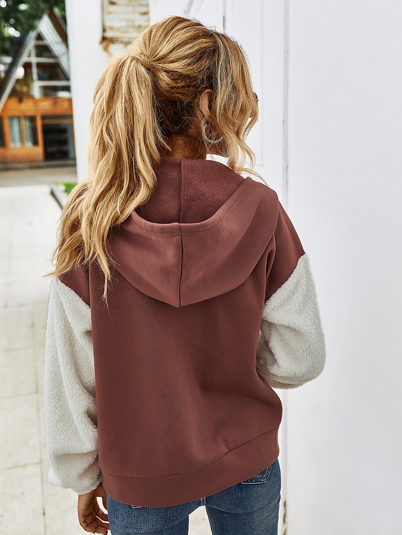 Contrast Teddy-Sleeve Zip-Up Hoodie