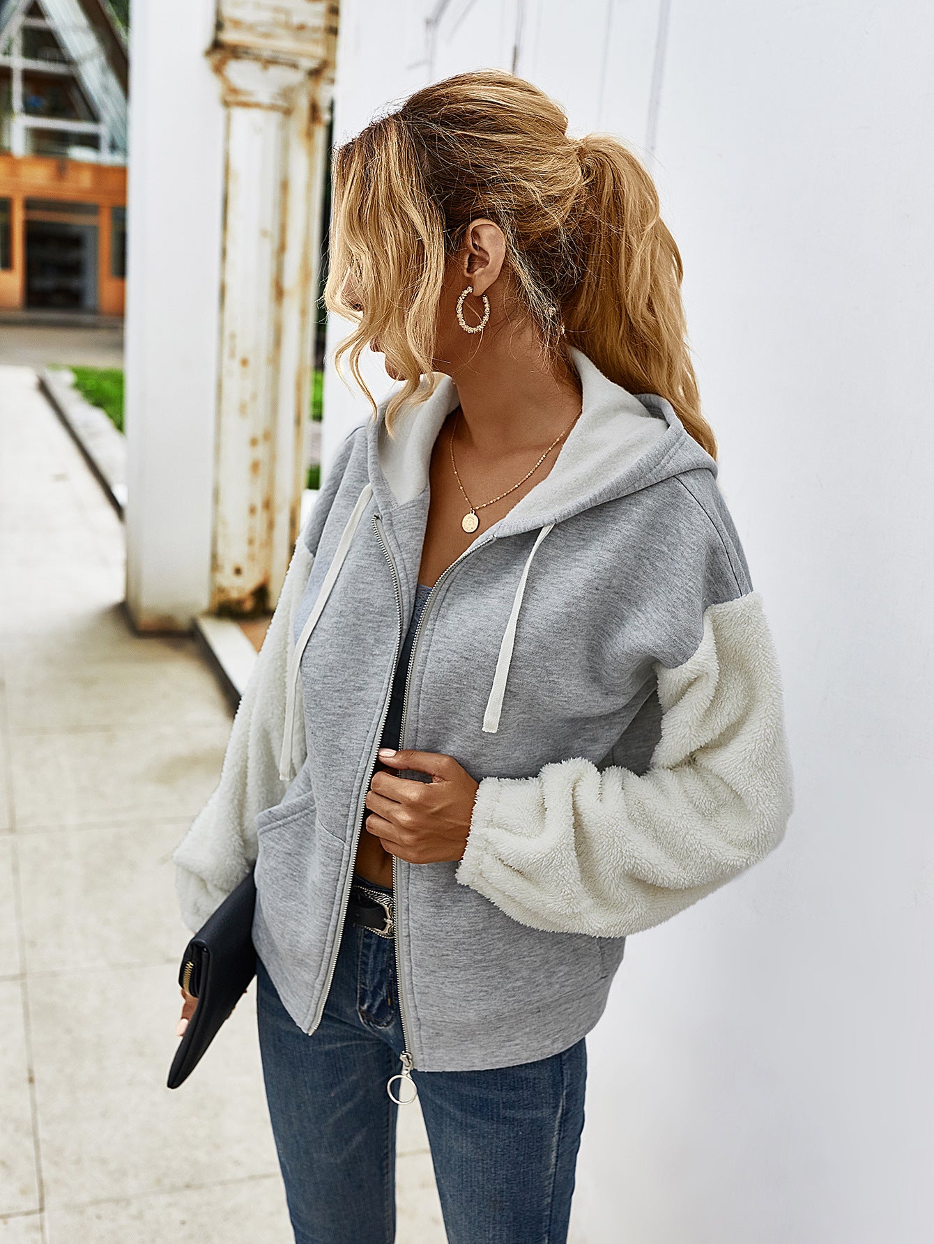 Contrast Teddy-Sleeve Zip-Up Hoodie