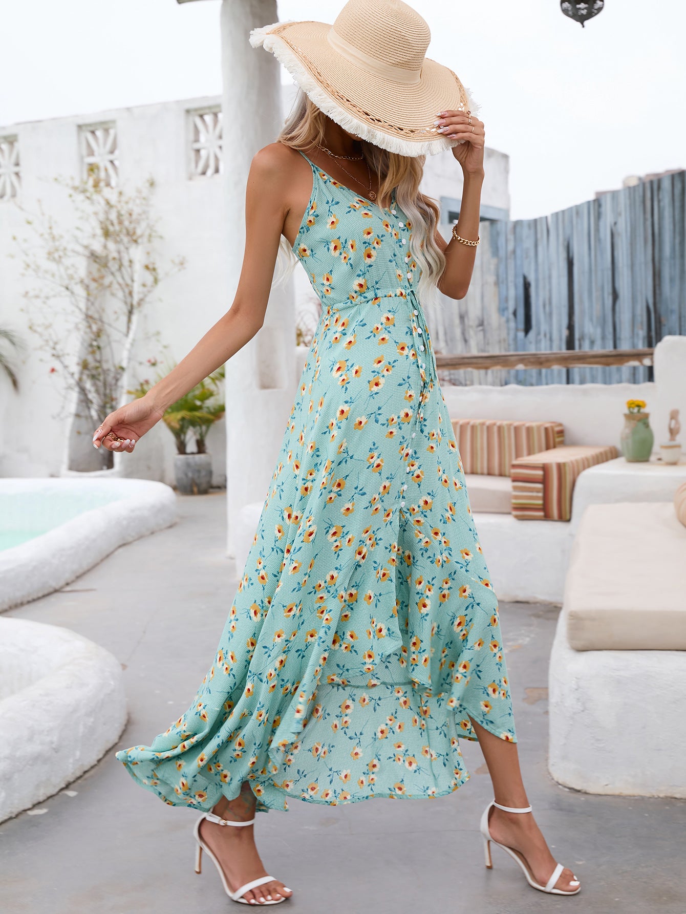 Floral V-Neck Strappy Midi Dress