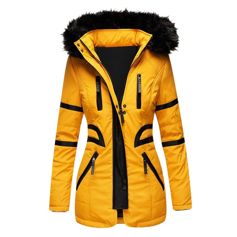 Contrasting color big fur collar cotton coat women- JUPITER BMY