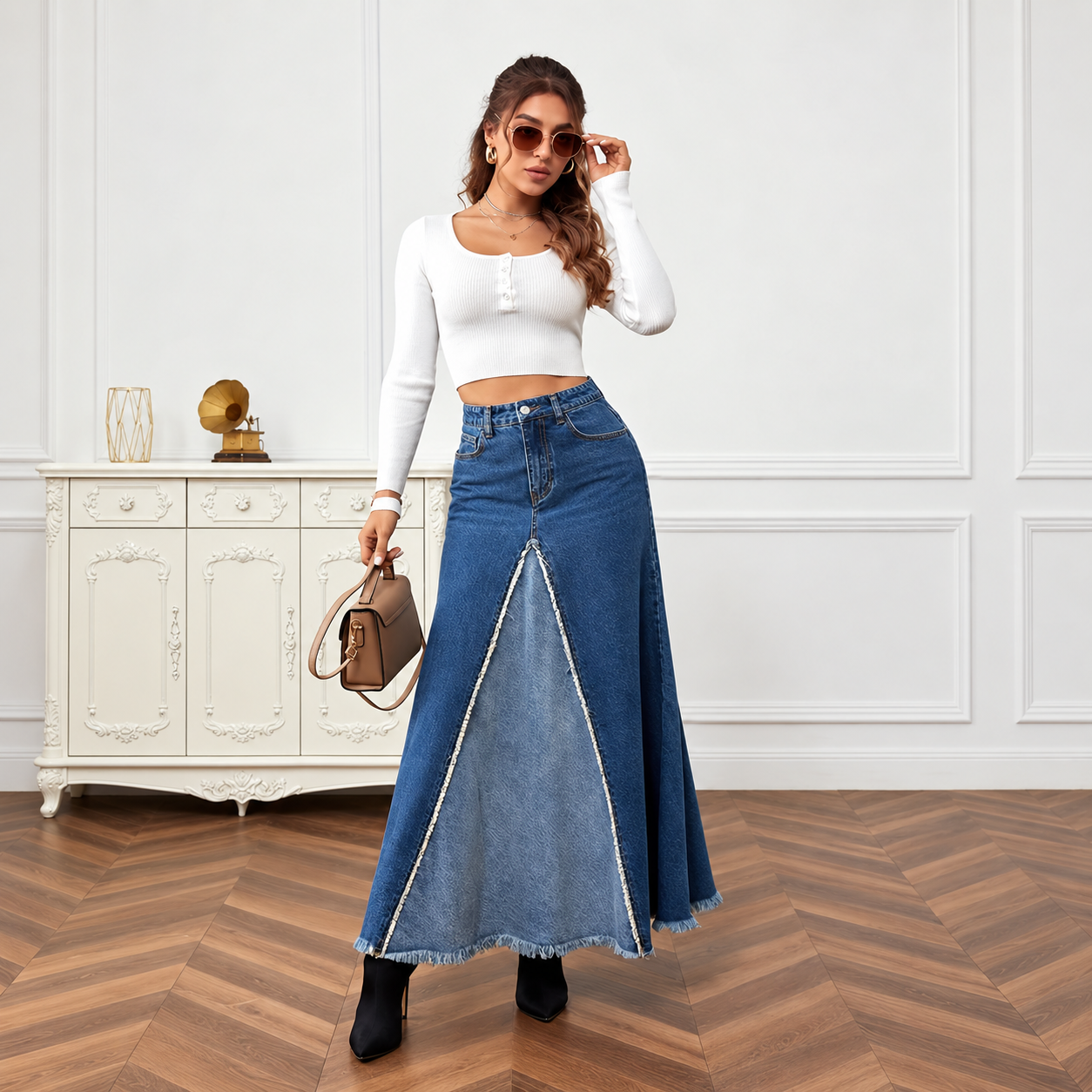 Patchwork Denim Maxi Skirt