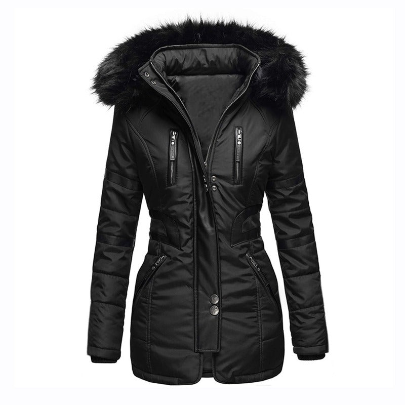 Contrasting color big fur collar cotton coat women- JUPITER BMY