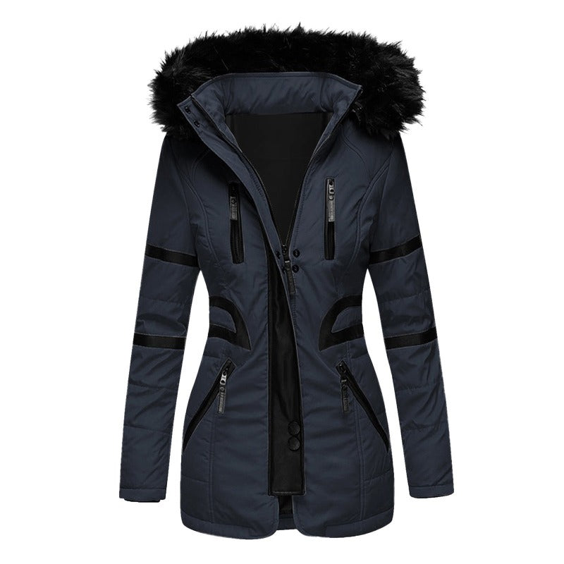 Contrasting color big fur collar cotton coat women- JUPITER BMY