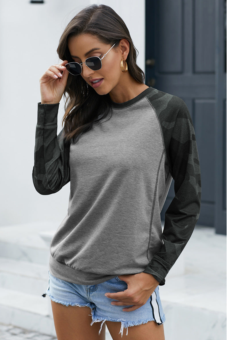 Camouflage-Sleeve Long-Sleeve Top