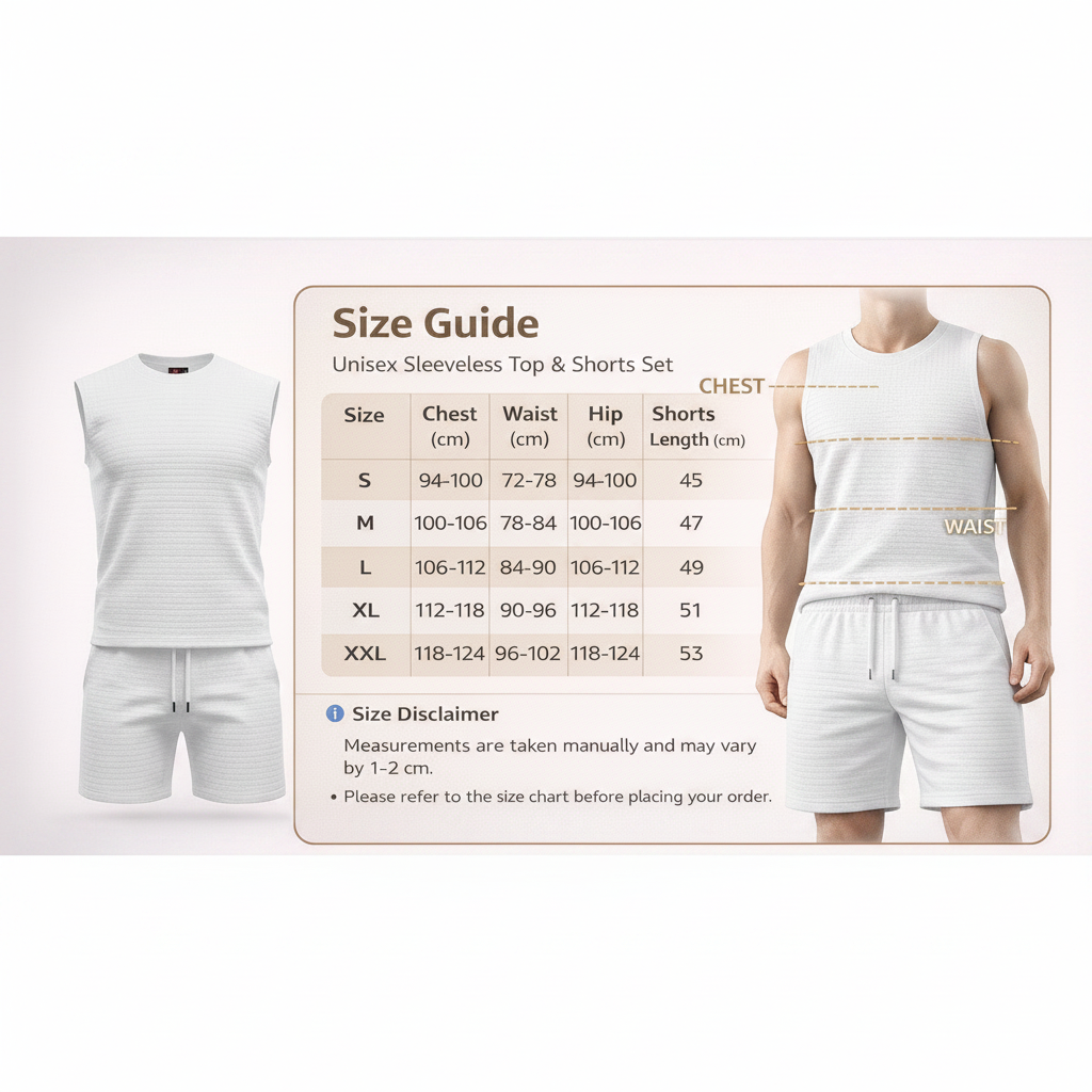 A size guide infographic for a unisex sleeveless top and shorts set, showing a size table with chest, waist, hip, and length measurements for sizes S through XXL, alongside a cropped male model wearing the white sleeveless top and shorts with measurement lines indicating chest and waist.