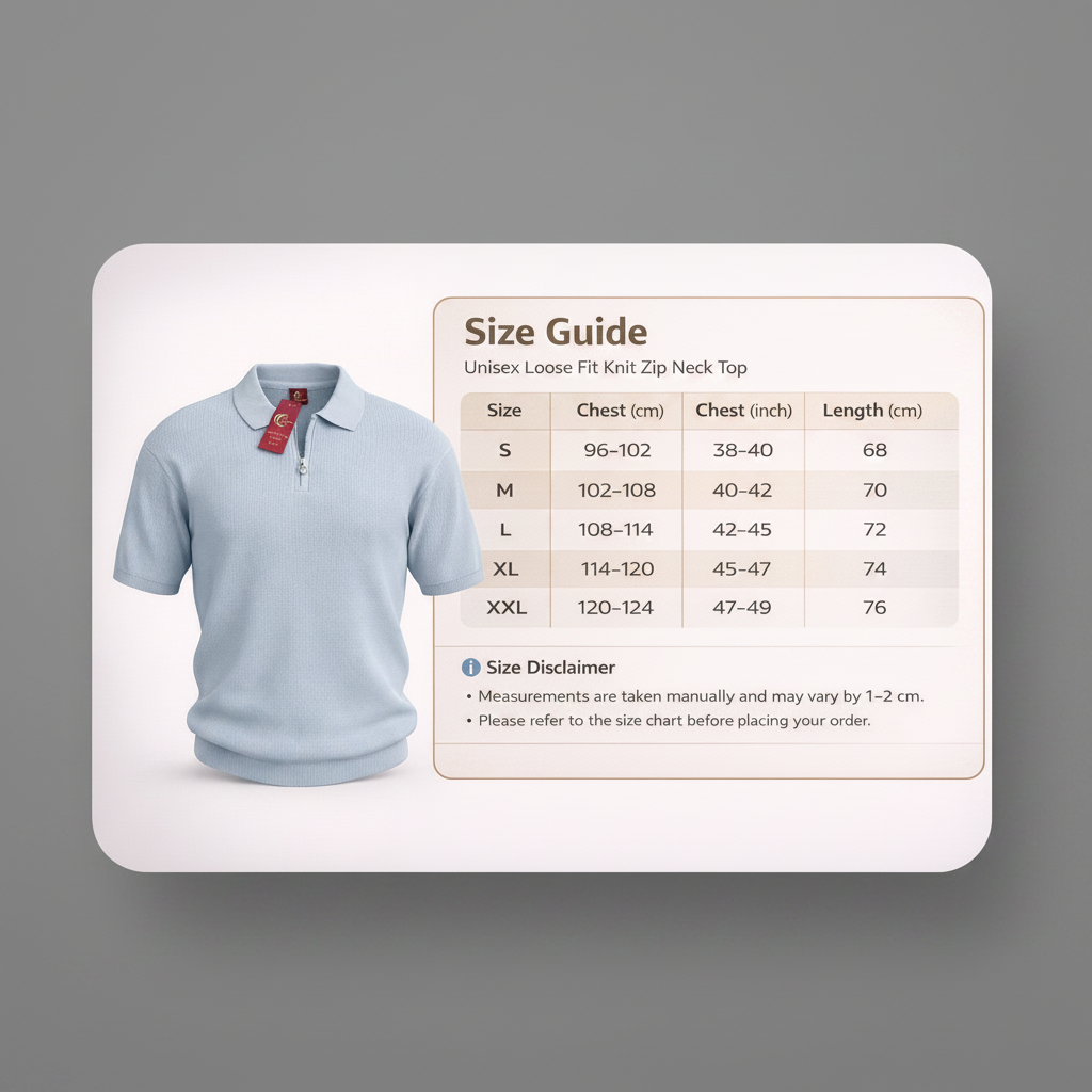 A size guide card for a loose-fit knit zip neck top, showing a light blue polo shirt illustration and a size table with chest measurements in cm and inches for sizes S through XXL on a white rounded rectangle over a light gray background.