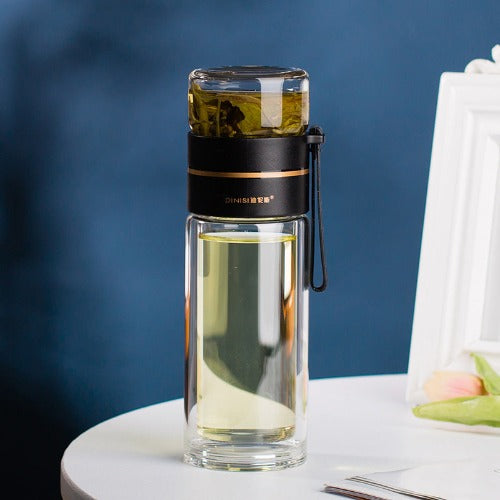 Glass Water Bottle With Tea Infuser Filter Tea Separation Double Wall Glass Bottle Leakproof Water Bottle- JUPITER BMY