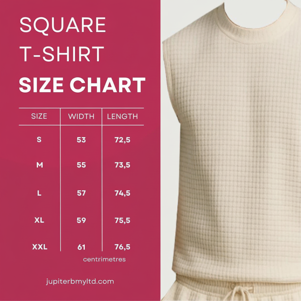 Square T-shirt size chart graphic with a size table listing S through XXL widths and lengths, next to a cropped photo of a beige waffle-knit sleeveless T-shirt on a model.
