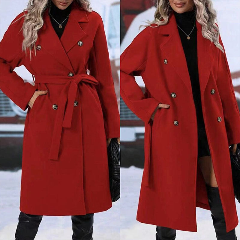 Women's Solid Color Polo Collar Thickened Lace-up Double-breasted Trench Coat- JUPITER BMY