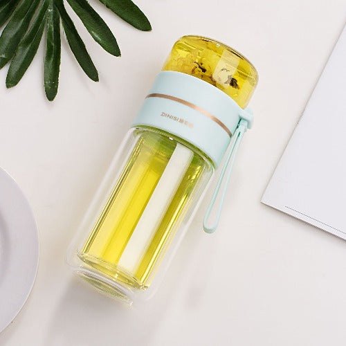 Glass Water Bottle With Tea Infuser Filter Tea Separation Double Wall Glass Bottle Leakproof Water Bottle- JUPITER BMY