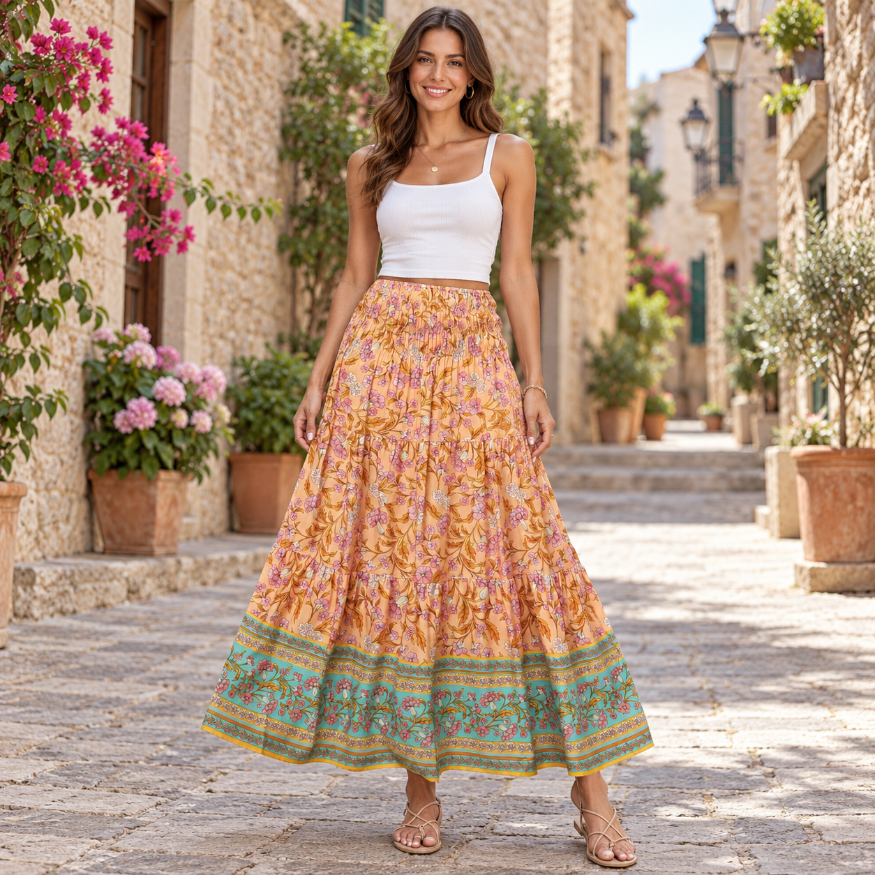 Boho Printed Shirred Waist Maxi Skirt