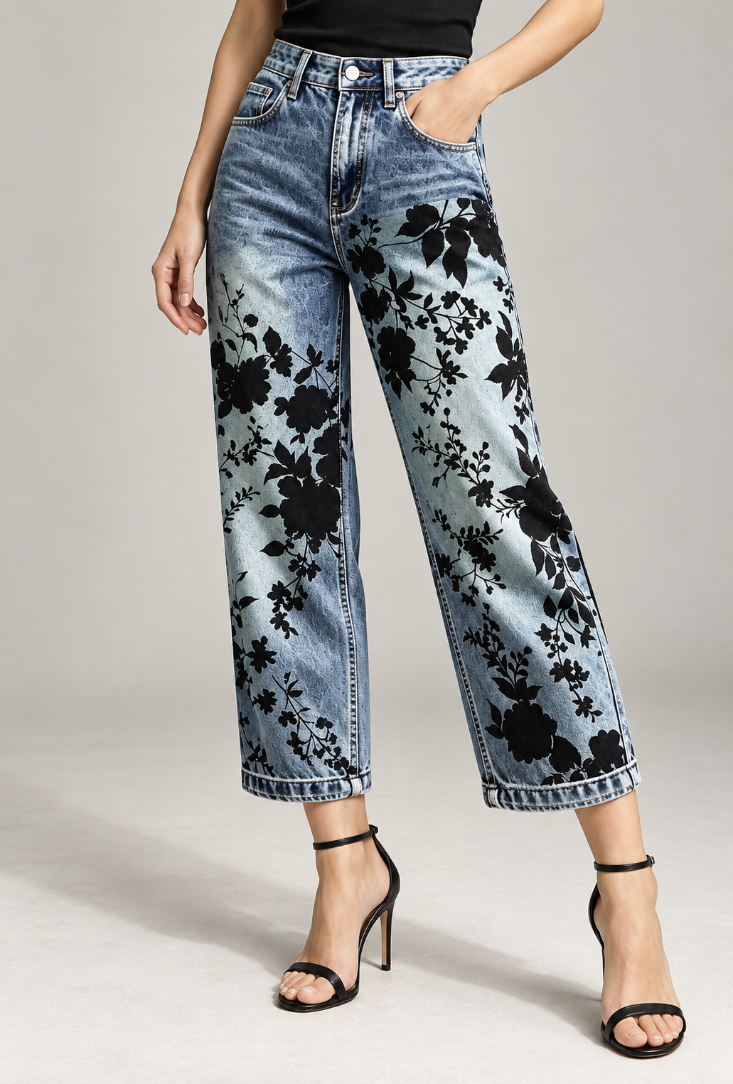 Floral-Print Denim Capri Jeans