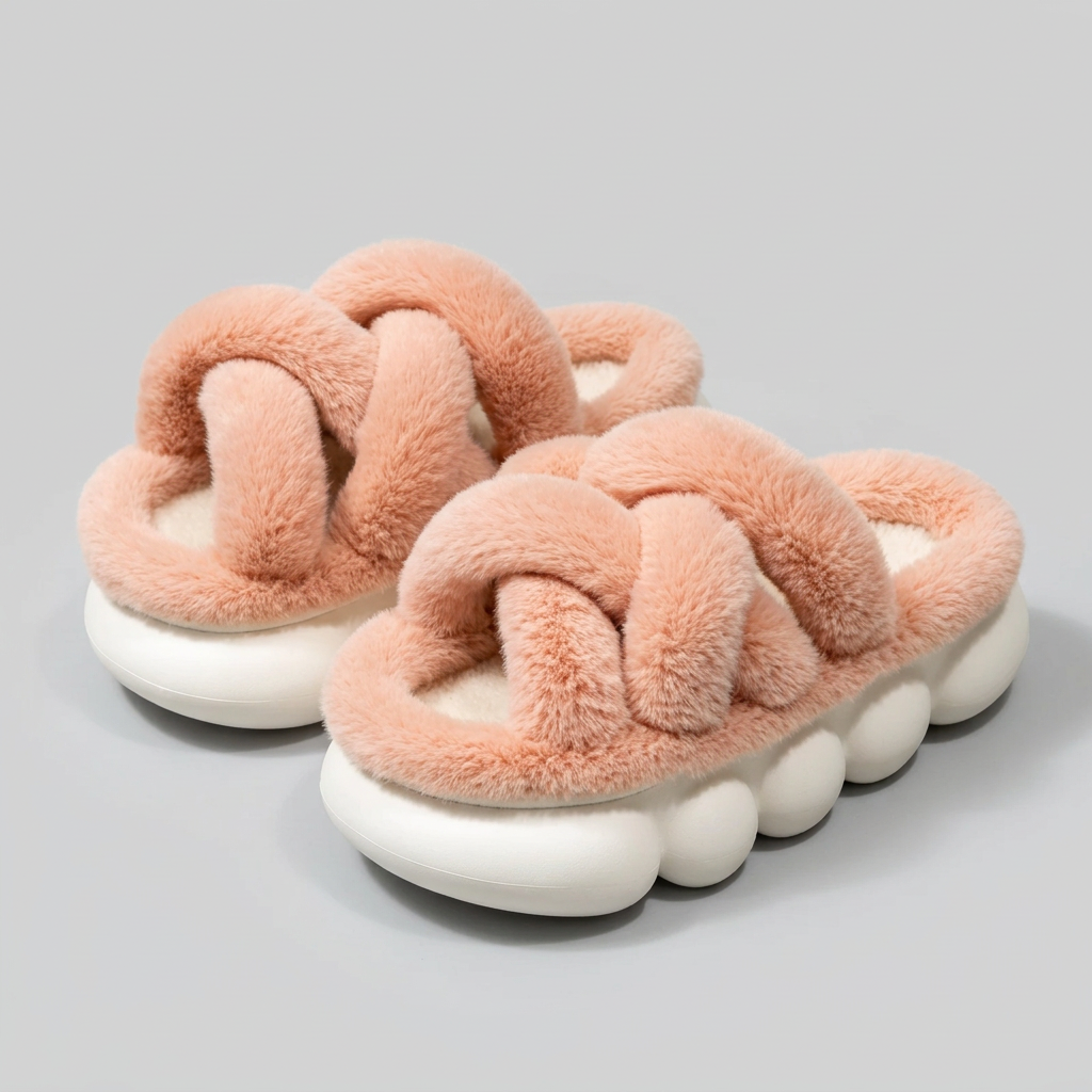Fluffy Cross-Strap Platform Slippers