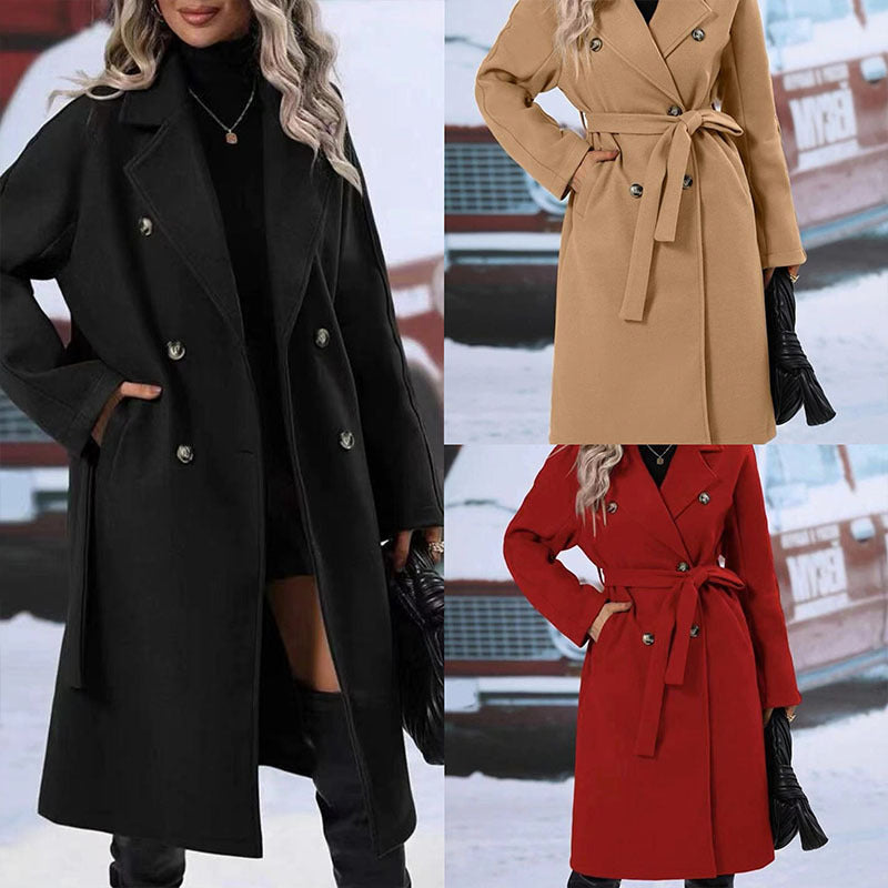 Women's Solid Color Polo Collar Thickened Lace-up Double-breasted Trench Coat - JUPITER BMY LTD