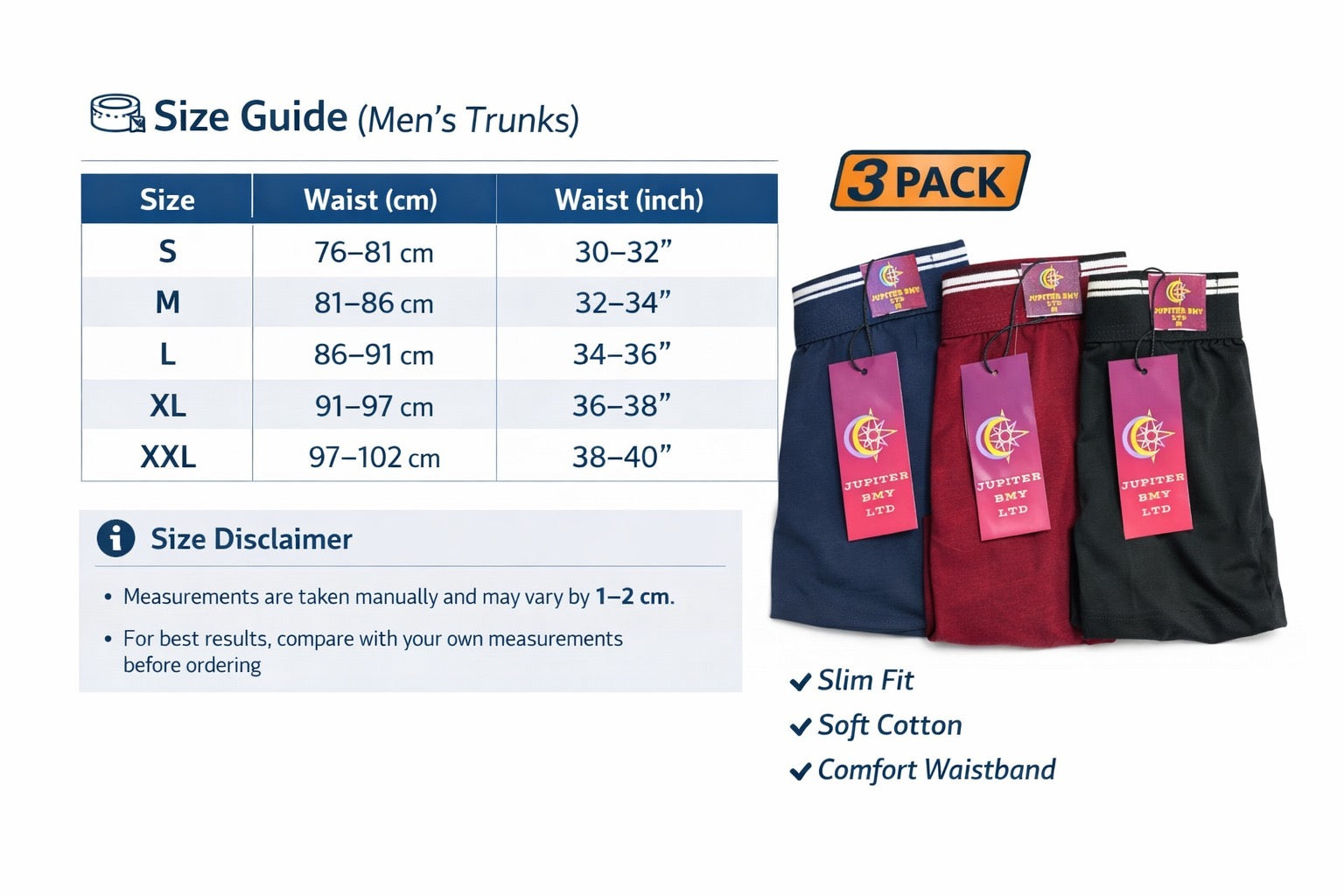 Jupiter Bmy Ltd Men’s Slim Fit Trunks 3 Pack – Slim Fit Boxer – Stretch Elastic Waist – Navy Red Black