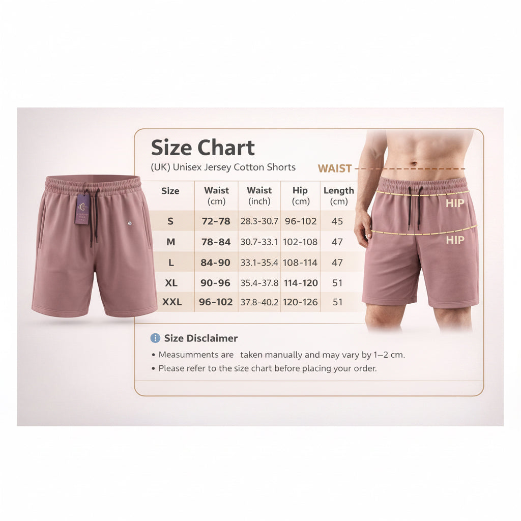 A size chart graphic for men's unisex jersey cotton shorts, showing a waist/hip length measurement table and fit guides on a model. The left side displays a pair of dusty rose pink shorts, and the right side shows a cropped male model wearing the shorts with dashed lines marking waist, hip, and hip-inch measurements.