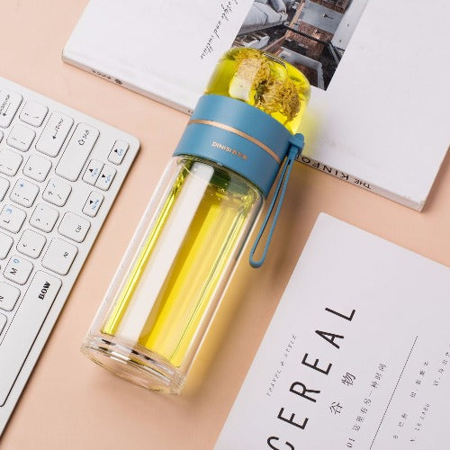Glass Water Bottle With Tea Infuser Filter Tea Separation Double Wall Glass Bottle Leakproof Water Bottle- JUPITER BMY