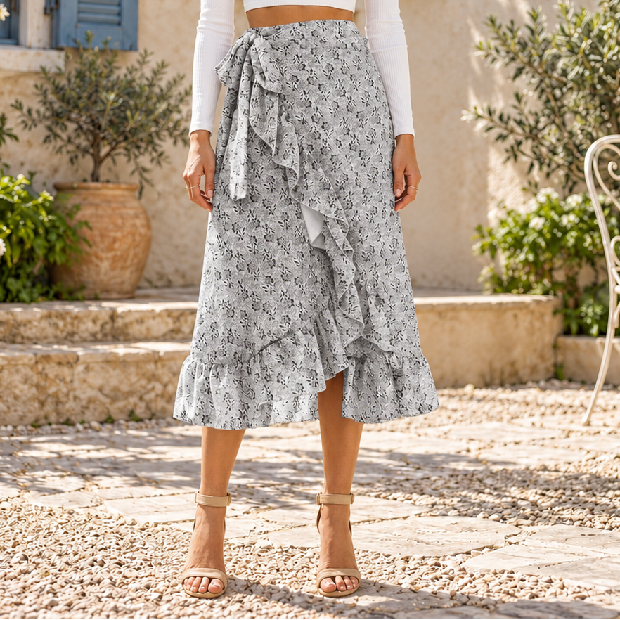 Floral Ruffle Wrap Midi Skirt
