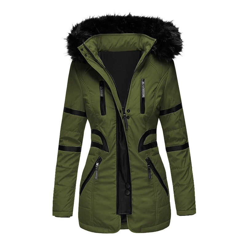 Contrasting color big fur collar cotton coat women- JUPITER BMY