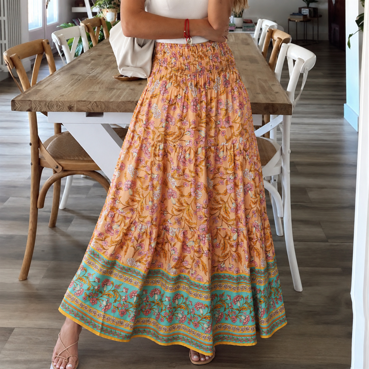 Boho Printed Shirred Waist Maxi Skirt
