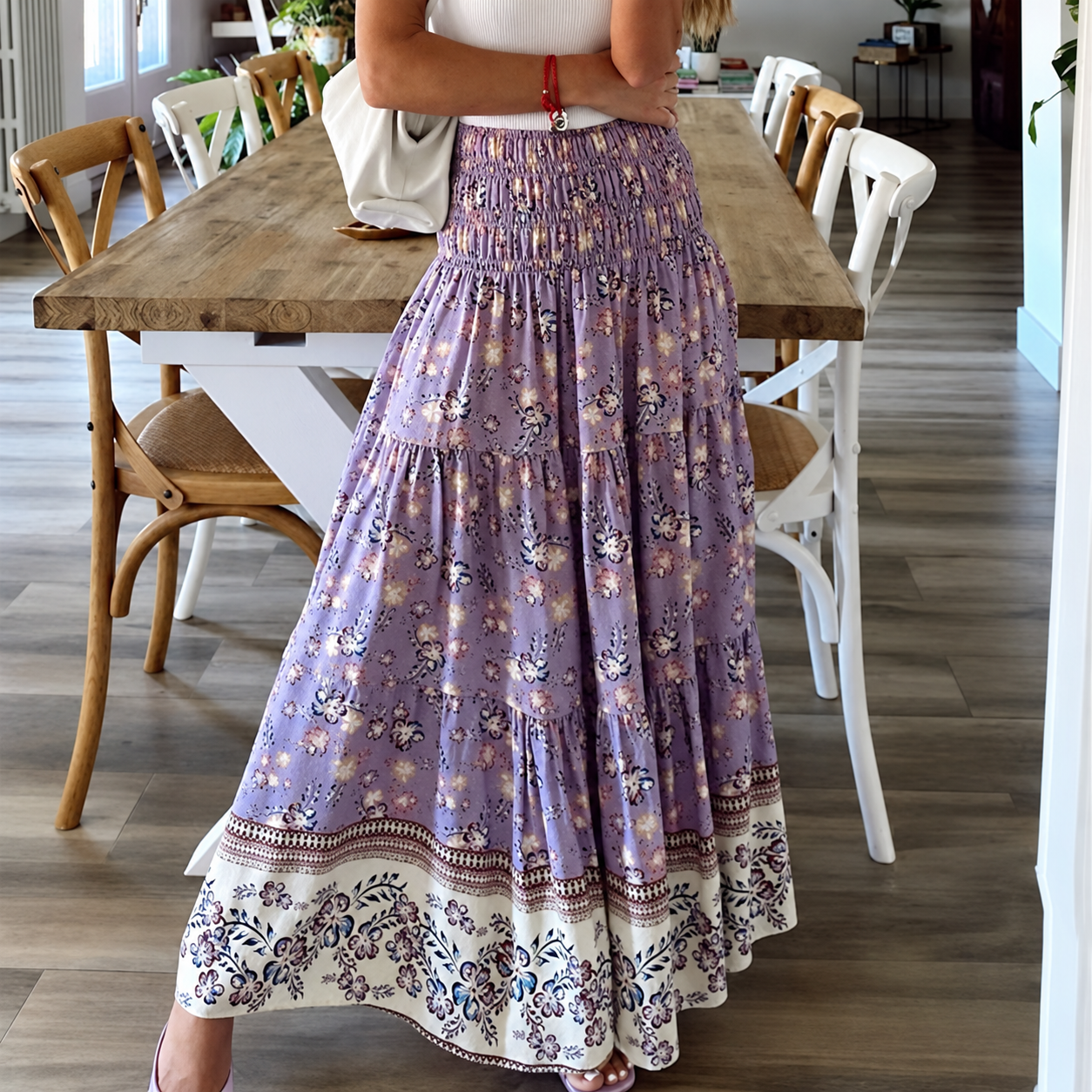 Boho Printed Shirred Waist Maxi Skirt