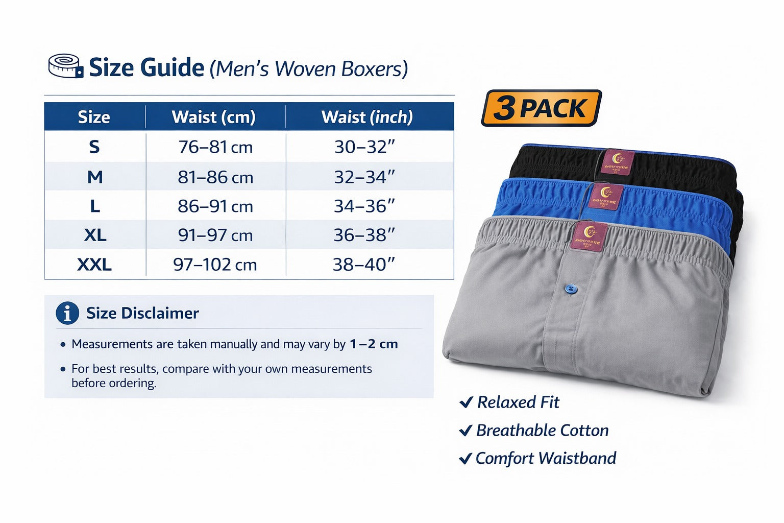 Size guide table for men's woven boxers showing sizes S through XXL with waist measurements in centimeters and inches, alongside folded boxer briefs in gray, blue, and black on a white background with product features listed below.