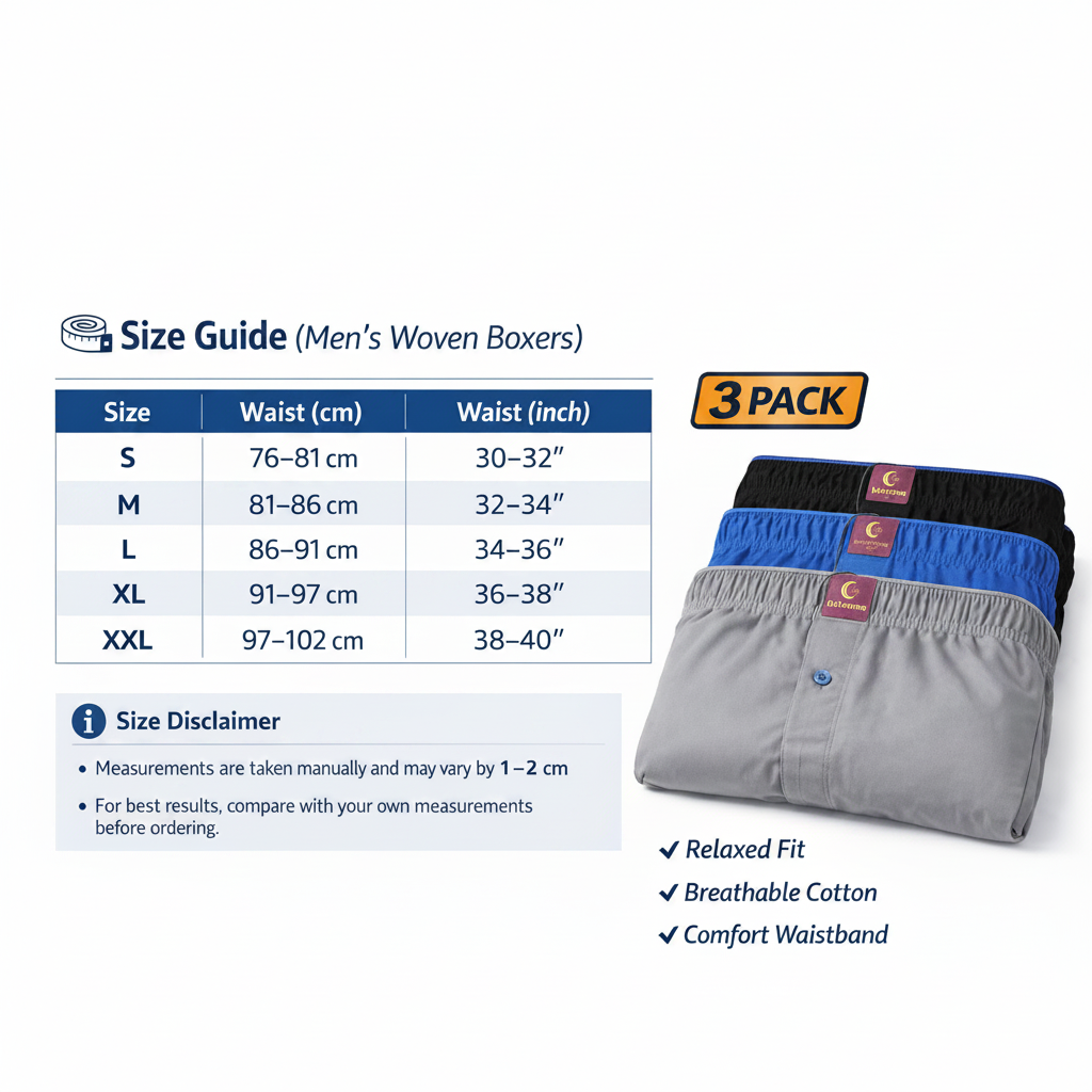 A size guide table for men's woven boxer briefs showing sizes S through XXL with waist and waist-inch measurements, alongside a 3-pack of folded boxer briefs in black, blue, and gray. The image includes text noting relaxed fit, breathable cotton, and comfort waistband.