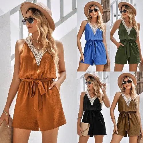 Casual Jumpsuit Lace V-neck Sleeveless Tops Tie-up Shorts Summer Beach Clothes - JUPITER BMY LTD