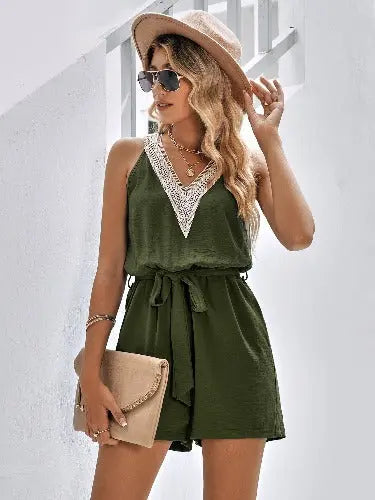 Casual Jumpsuit Lace V-neck Sleeveless Tops Tie-up Shorts Summer Beach Clothes - JUPITER BMY LTD