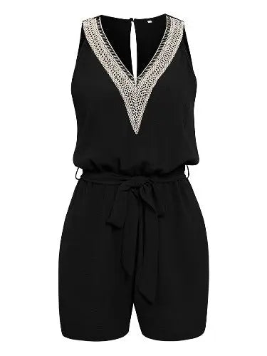 Casual Jumpsuit Lace V-neck Sleeveless Tops Tie-up Shorts Summer Beach Clothes - JUPITER BMY LTD