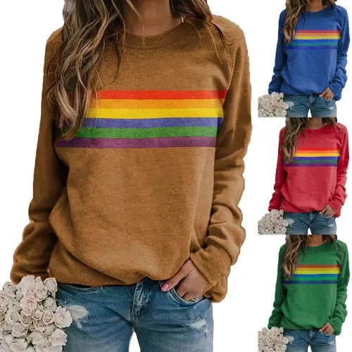 Color Striped Print Round Neck Pullover Long Sleeve Sweater - JUPITER BMY LTD