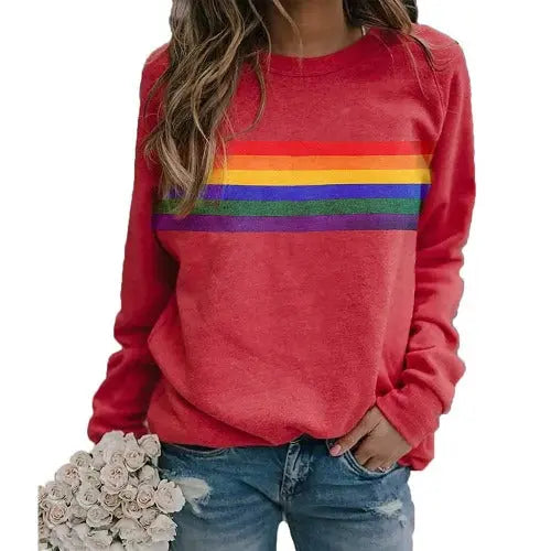 Color Striped Print Round Neck Pullover Long Sleeve Sweater - JUPITER BMY LTD