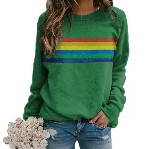 Color Striped Print Round Neck Pullover Long Sleeve Sweater - JUPITER BMY LTD