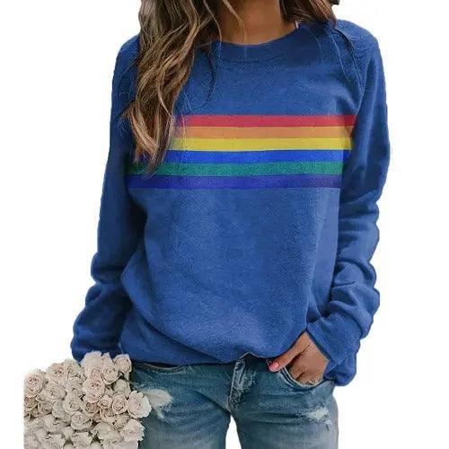 Color Striped Print Round Neck Pullover Long Sleeve Sweater - JUPITER BMY LTD