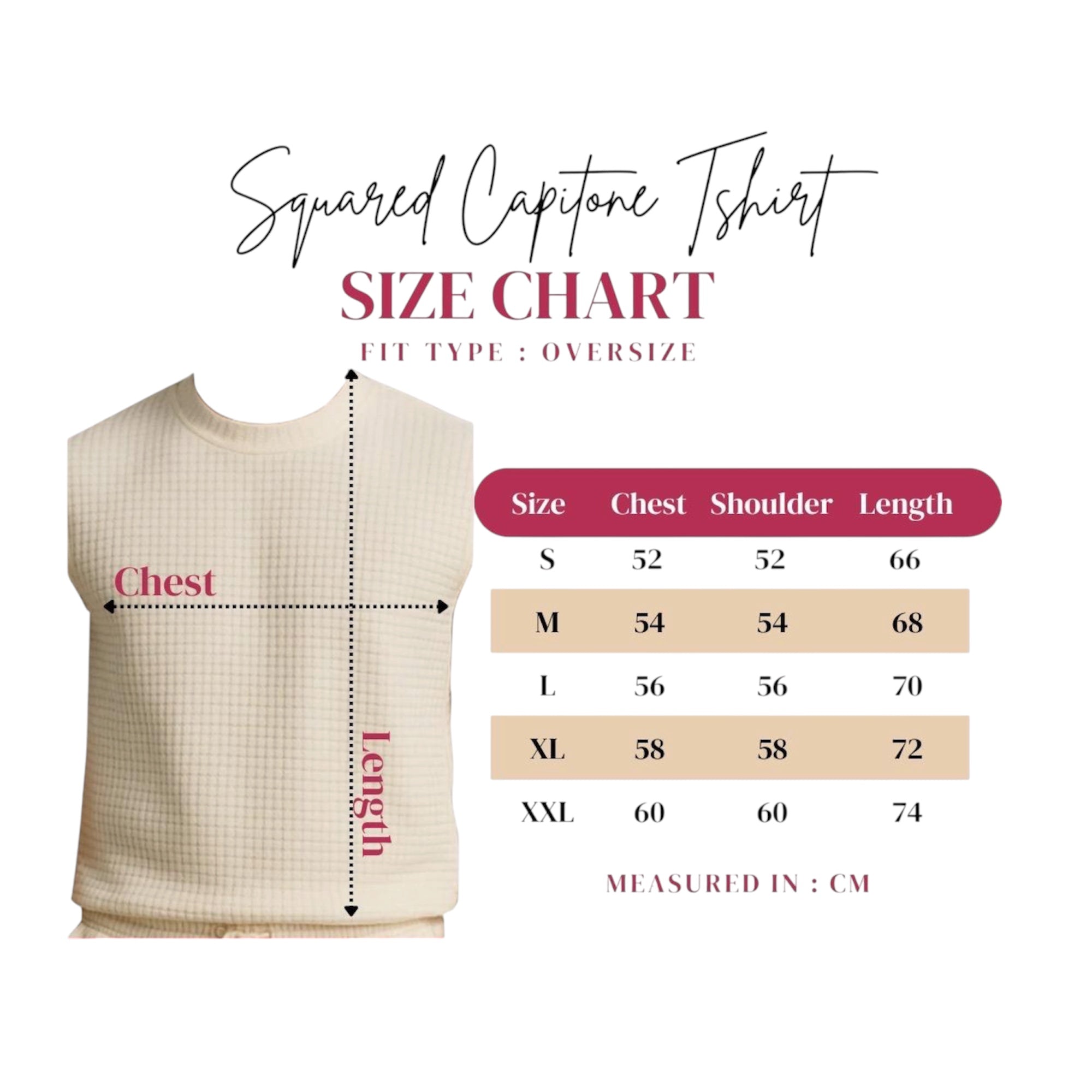 A size chart graphic for an oversized square capitone t-shirt. The left side shows a beige textured sleeveless t-shirt with red arrows indicating chest and length measurements.