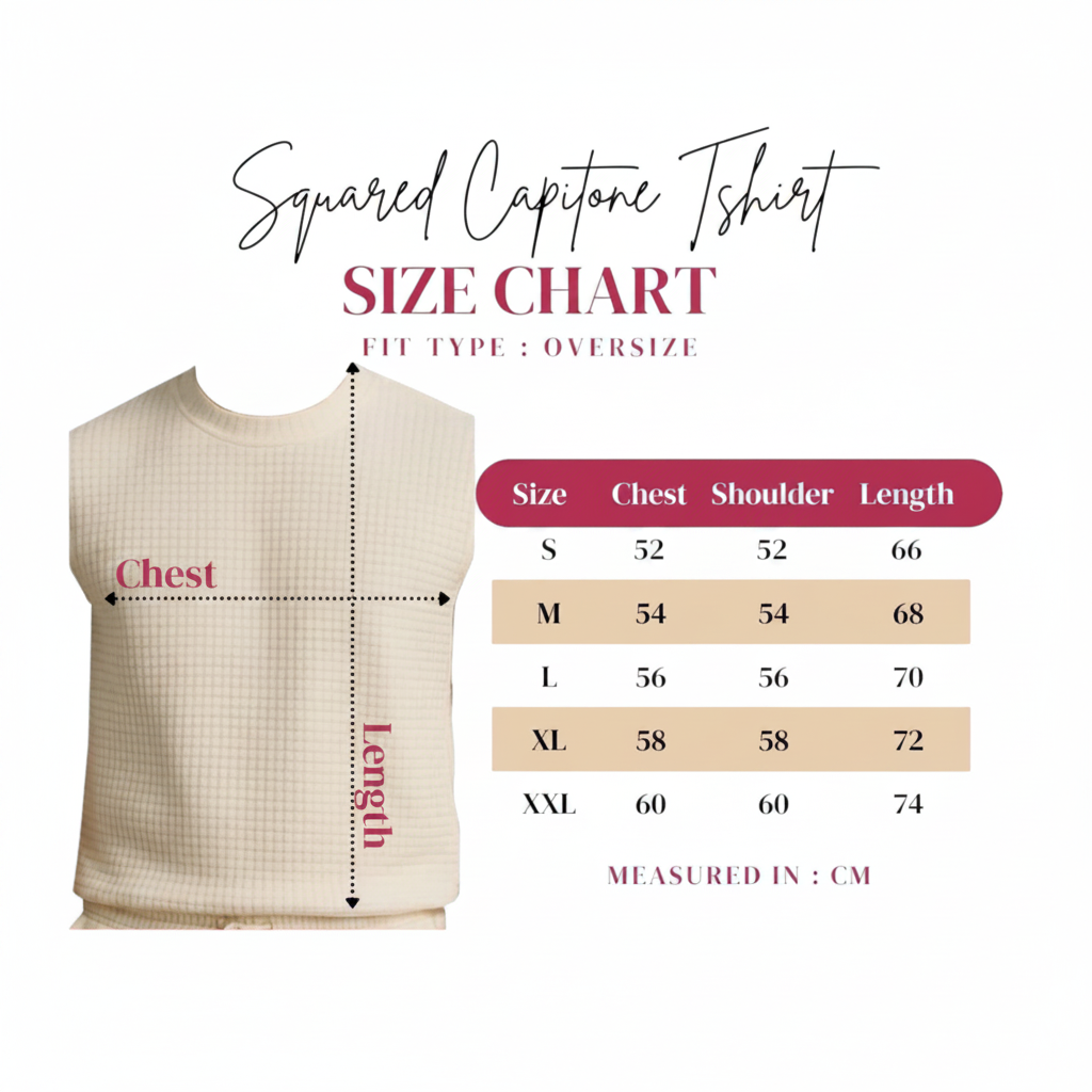 Size chart graphic for an oversized square capitone T-shirt. The left side shows a beige waffle-knit sleeveless shirt with arrows labeling chest and length measurements.