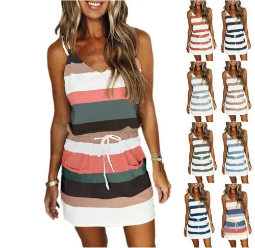 Fashion Stripe Drawstring Dress Summer Dress Loose Sleeveless Dress Women's Comfortable Casual Outfits Wear - JUPITER BMY LTD