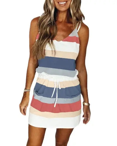 Fashion Stripe Drawstring Dress Summer Dress Loose Sleeveless Dress Women's Comfortable Casual Outfits Wear - JUPITER BMY LTD