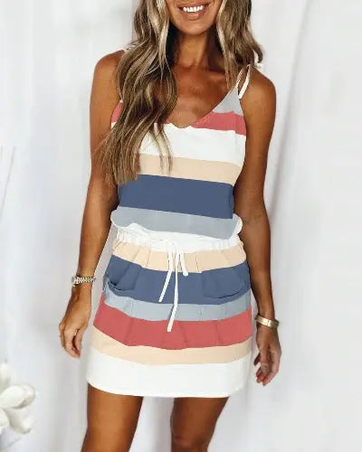 Fashion Stripe Drawstring Dress Summer Dress Loose Sleeveless Dress Women's Comfortable Casual Outfits Wear - JUPITER BMY LTD