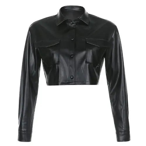 Faux Leather Loose-fit Single-breasted Long-sleeved Leather Jacket- JUPITER BMY