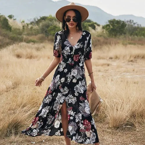 Floral Summer Beach Dress With V Neck Elastic Waist Dresses For Women - JUPITER BMY LTD