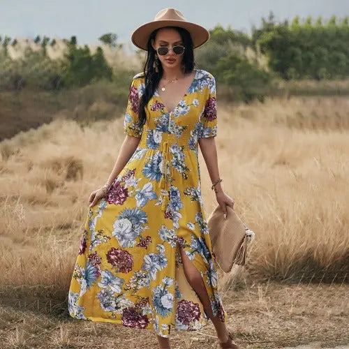 Floral Summer Beach Dress With V Neck Elastic Waist Dresses For Women - JUPITER BMY LTD