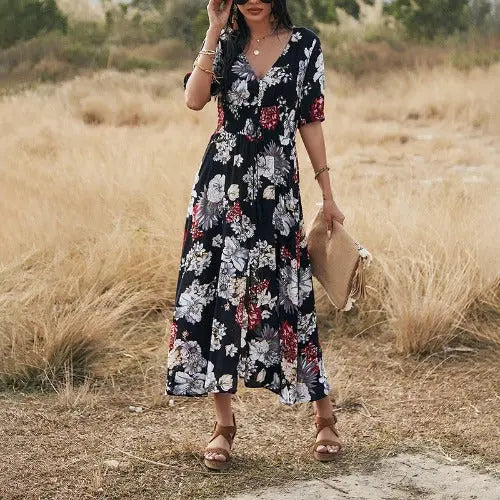 Floral Summer Beach Dress With V Neck Elastic Waist Dresses For Women - JUPITER BMY LTD