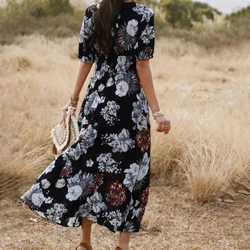 Floral Summer Beach Dress With V Neck Elastic Waist Dresses For Women - JUPITER BMY LTD