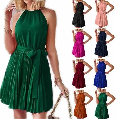 Halter Strapless Dresses For Women Solid Pleated Skirt Summer Beach Sundress - JUPITER BMY LTD