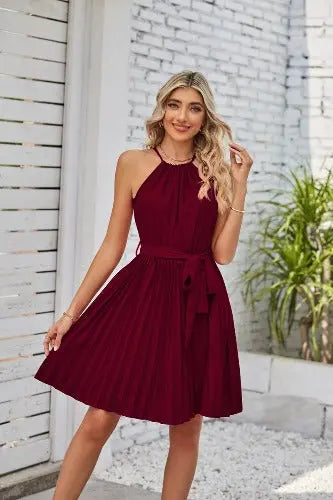 Halter Strapless Dresses For Women Solid Pleated Skirt Summer Beach Sundress - JUPITER BMY LTD