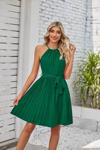 Halter Strapless Dresses For Women Solid Pleated Skirt Summer Beach Sundress - JUPITER BMY LTD