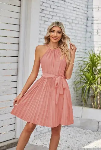 Halter Strapless Dresses For Women Solid Pleated Skirt Summer Beach Sundress - JUPITER BMY LTD