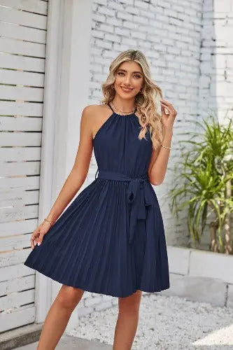 Halter Strapless Dresses For Women Solid Pleated Skirt Summer Beach Sundress - JUPITER BMY LTD